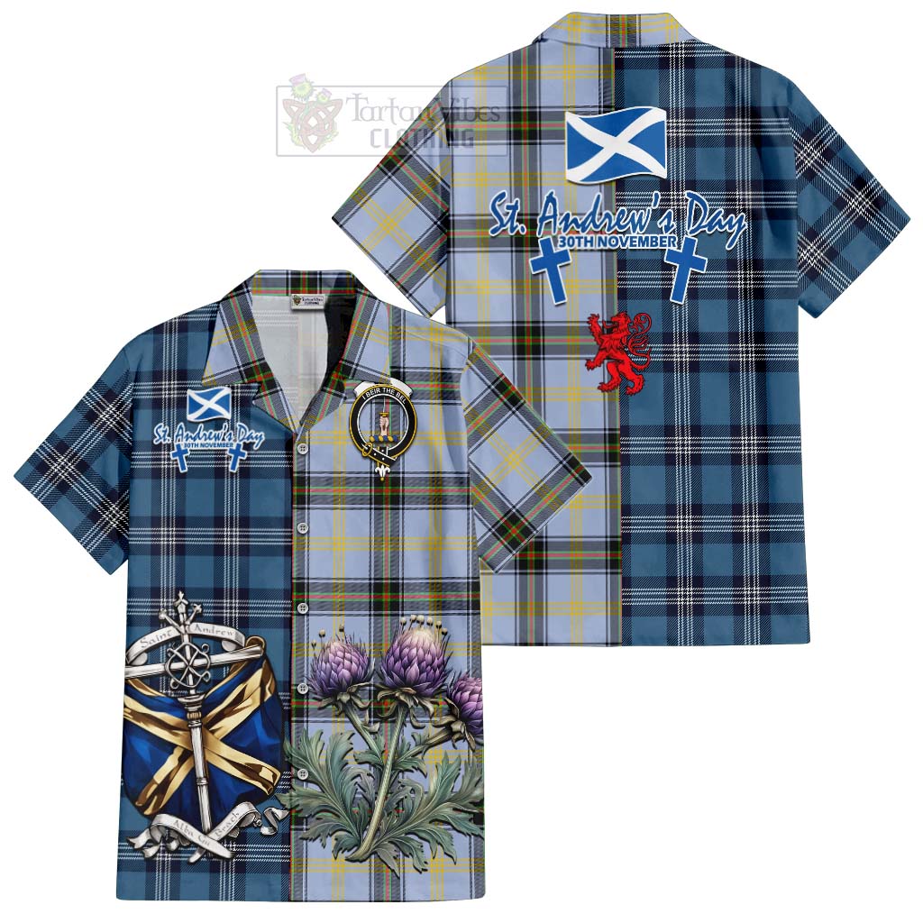 Tartan Vibes Clothing Bell Tartan Short Sleeve Button Shirt Happy St. Andrew's Day Half Tartan Style