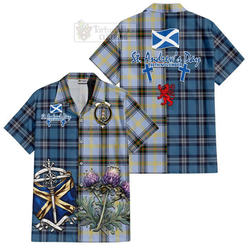 Bell Tartan Short Sleeve Button Shirt Happy St. Andrew's Day Half Tartan Style