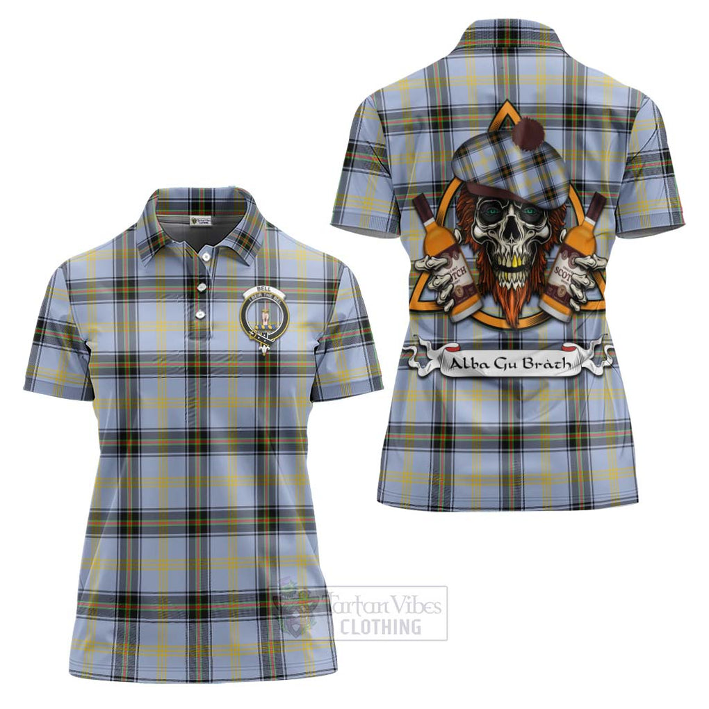 Tartan Vibes Clothing Bell Tartan Women's Polo Shirt with Family Crest and Bearded Skull Holding Bottles of Whiskey