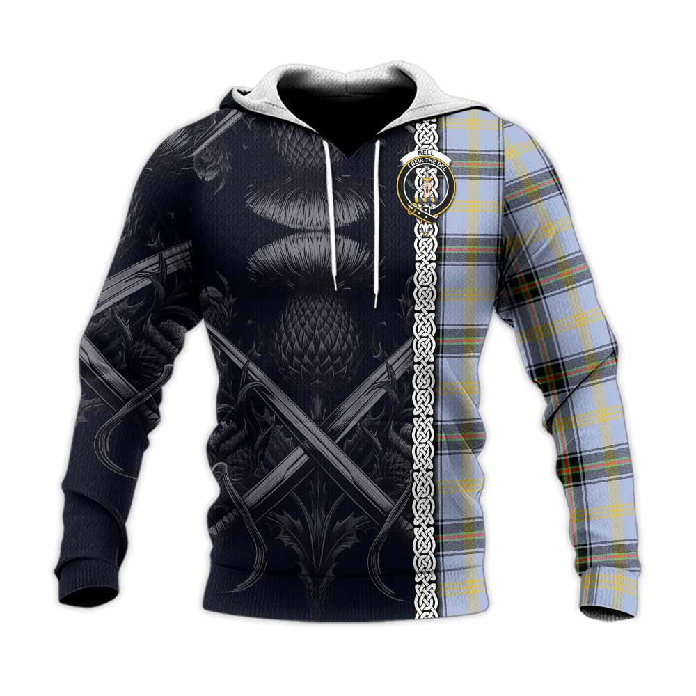 Bell Tartan Knitted Hoodie with Family Crest Cross Sword Thistle Celtic Vibes Unisex Knitted Pullover Hoodie - Tartan Vibes Clothing