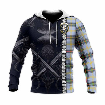 Bell Tartan Knitted Hoodie with Family Crest Cross Sword Thistle Celtic Vibes