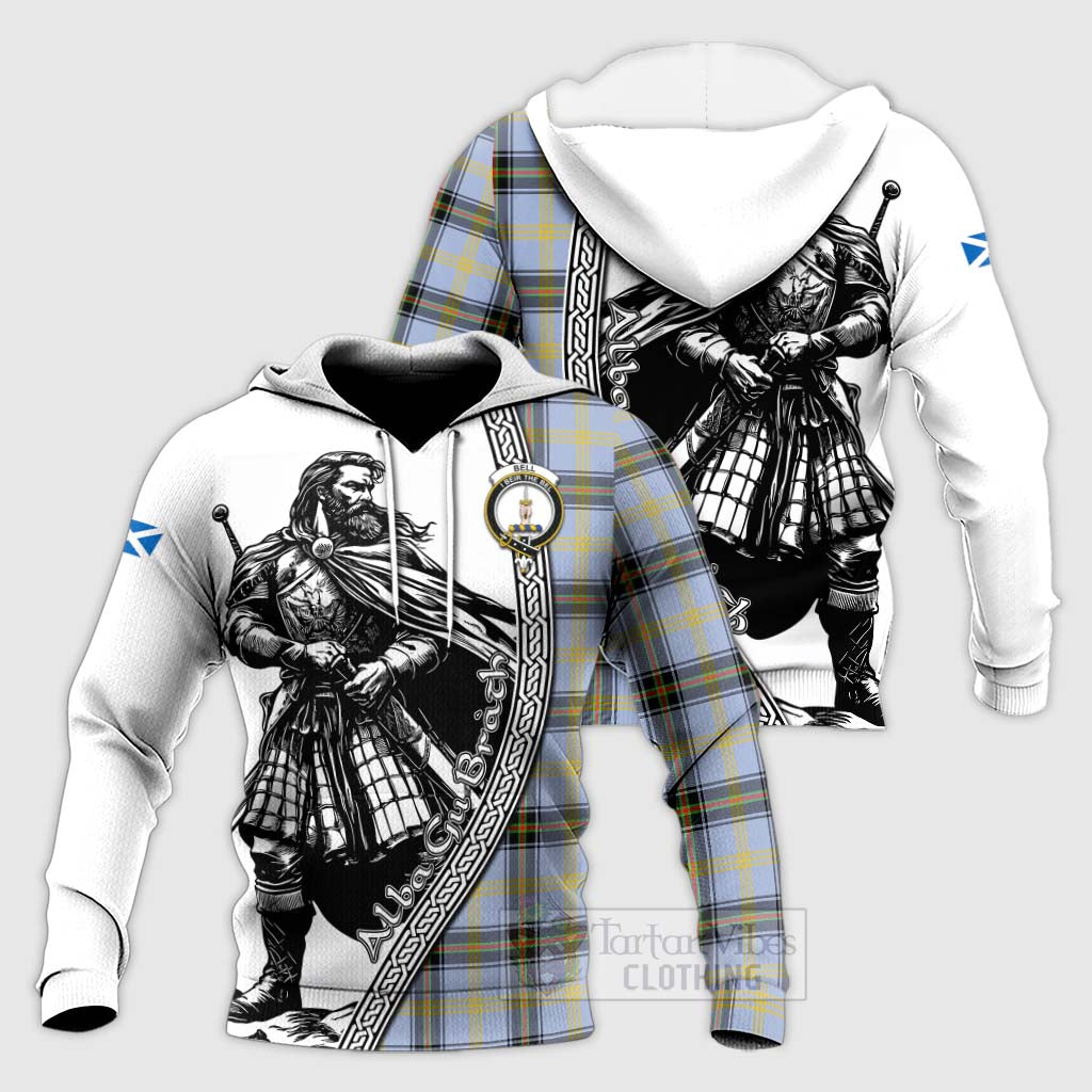 Tartan Vibes Clothing Bell Tartan Clan Crest Knitted Hoodie with Highlander Warrior Celtic Style