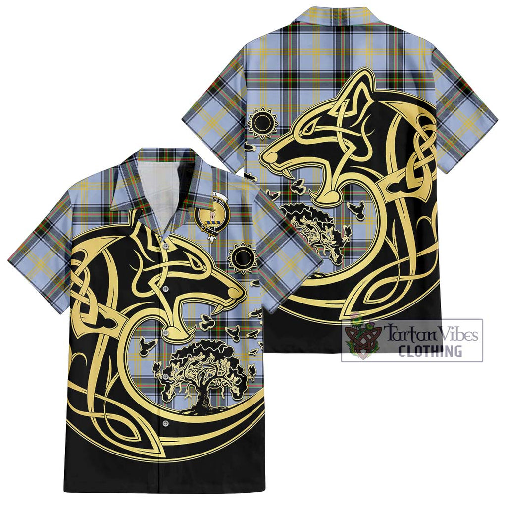 Bell Tartan Short Sleeve Button Shirt with Family Crest Celtic Wolf Style Kid - Tartan Vibes Clothing