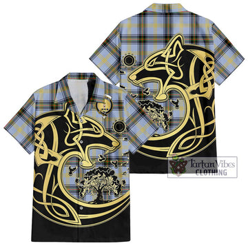 Bell Tartan Short Sleeve Button Shirt with Family Crest Celtic Wolf Style