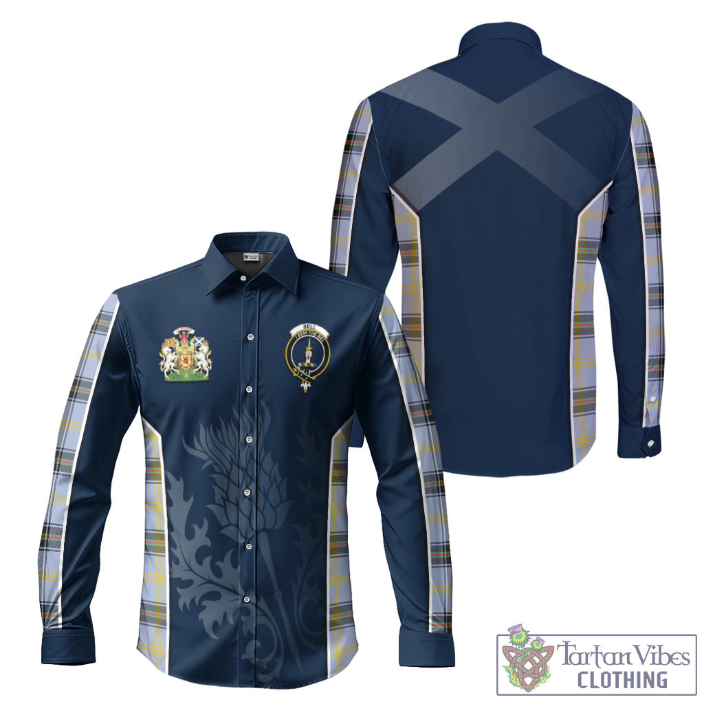 Tartan Vibes Clothing Bell Tartan Long Sleeve Button Up Shirt with Family Crest and Scottish Thistle Vibes Sport Style