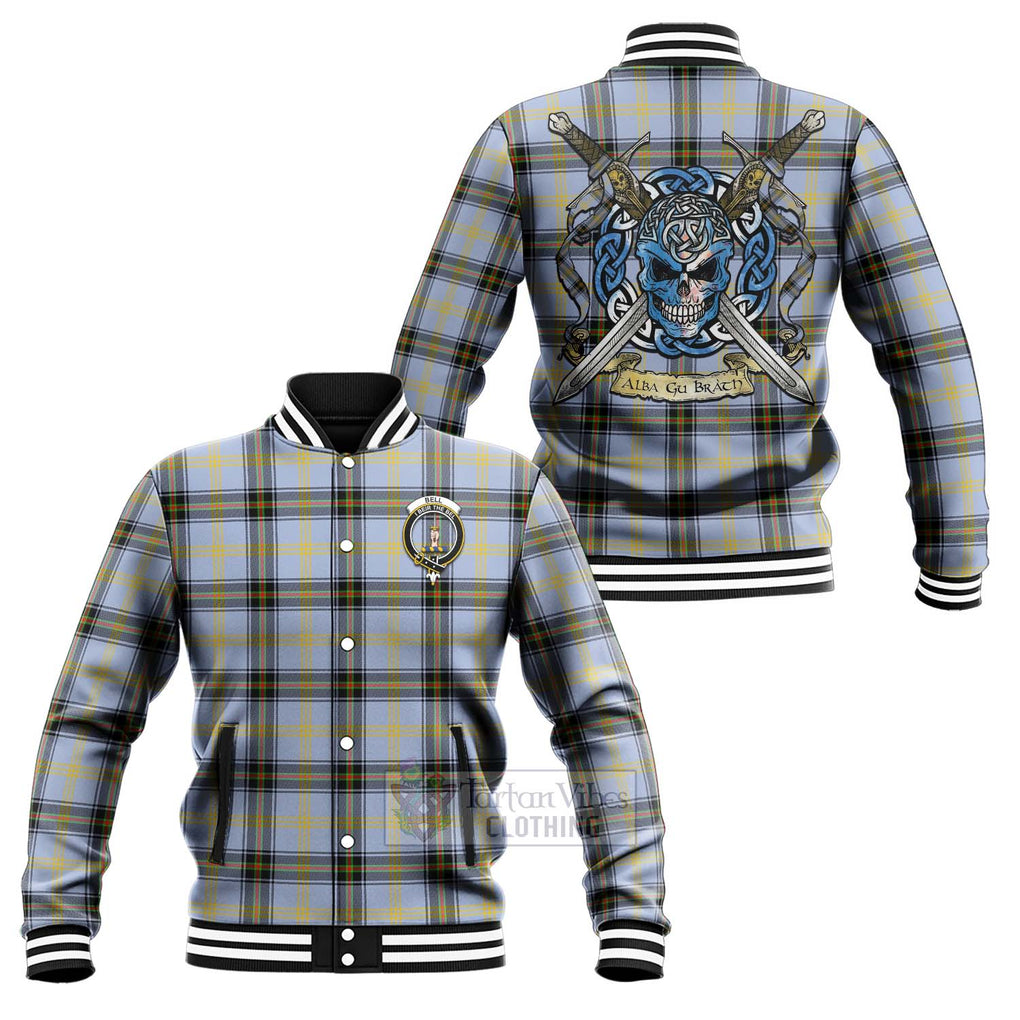 Tartan Vibes Clothing Bell Tartan Baseball Jacket with Family Crest Celtic Skull Style