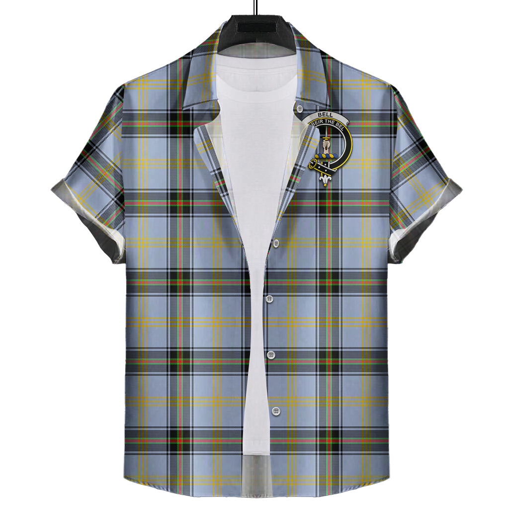 Bell Tartan Short Sleeve Button Down Shirt with Family Crest - Tartanvibesclothing