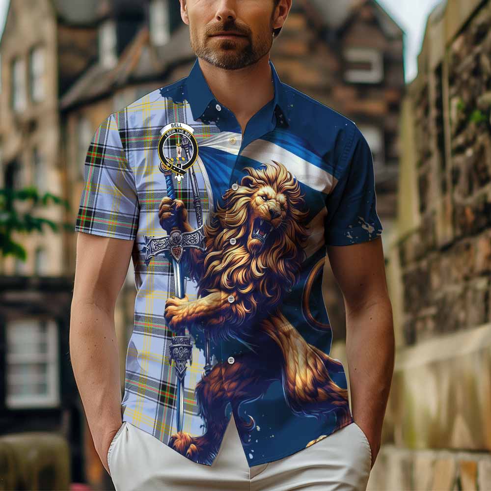 Tartan Vibes Clothing Bell Tartan Family Crest Short Sleeve Button Shirt with Scottish Majestic Lion