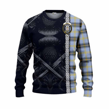 Bell Tartan Knitted Sweater with Family Crest Cross Sword Thistle Celtic Vibes