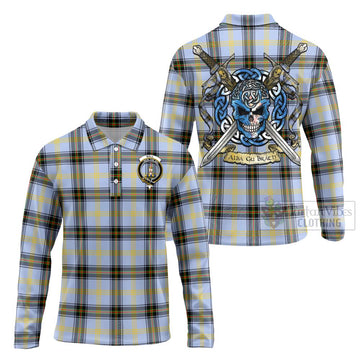 Bell Tartan Long Sleeve Polo Shirt with Family Crest Celtic Skull Style