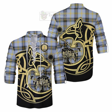 Bell Tartan Ghillie Kilt Shirt with Family Crest Celtic Wolf Style