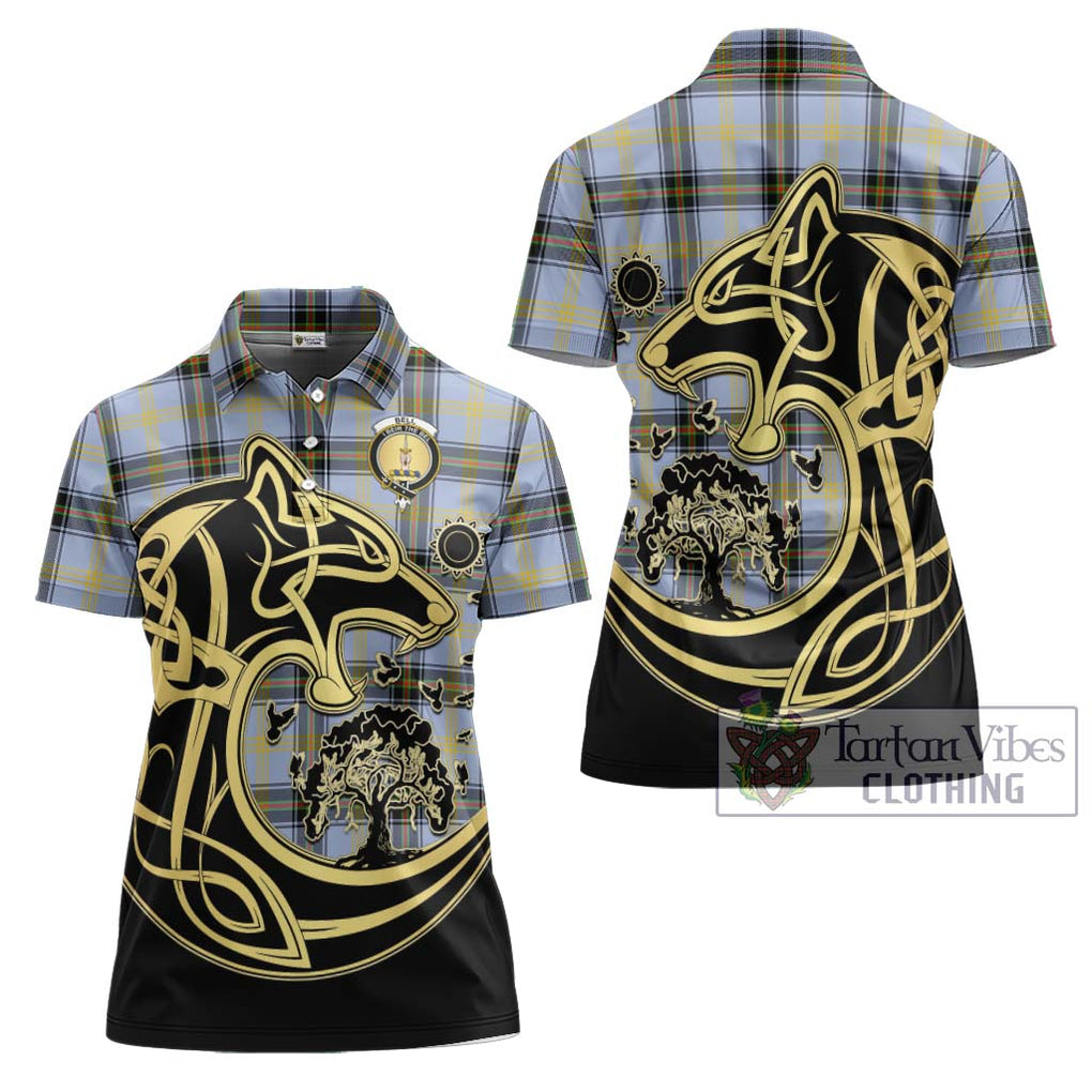 Bell Tartan Women's Polo Shirt with Family Crest Celtic Wolf Style Women - Tartanvibesclothing Shop