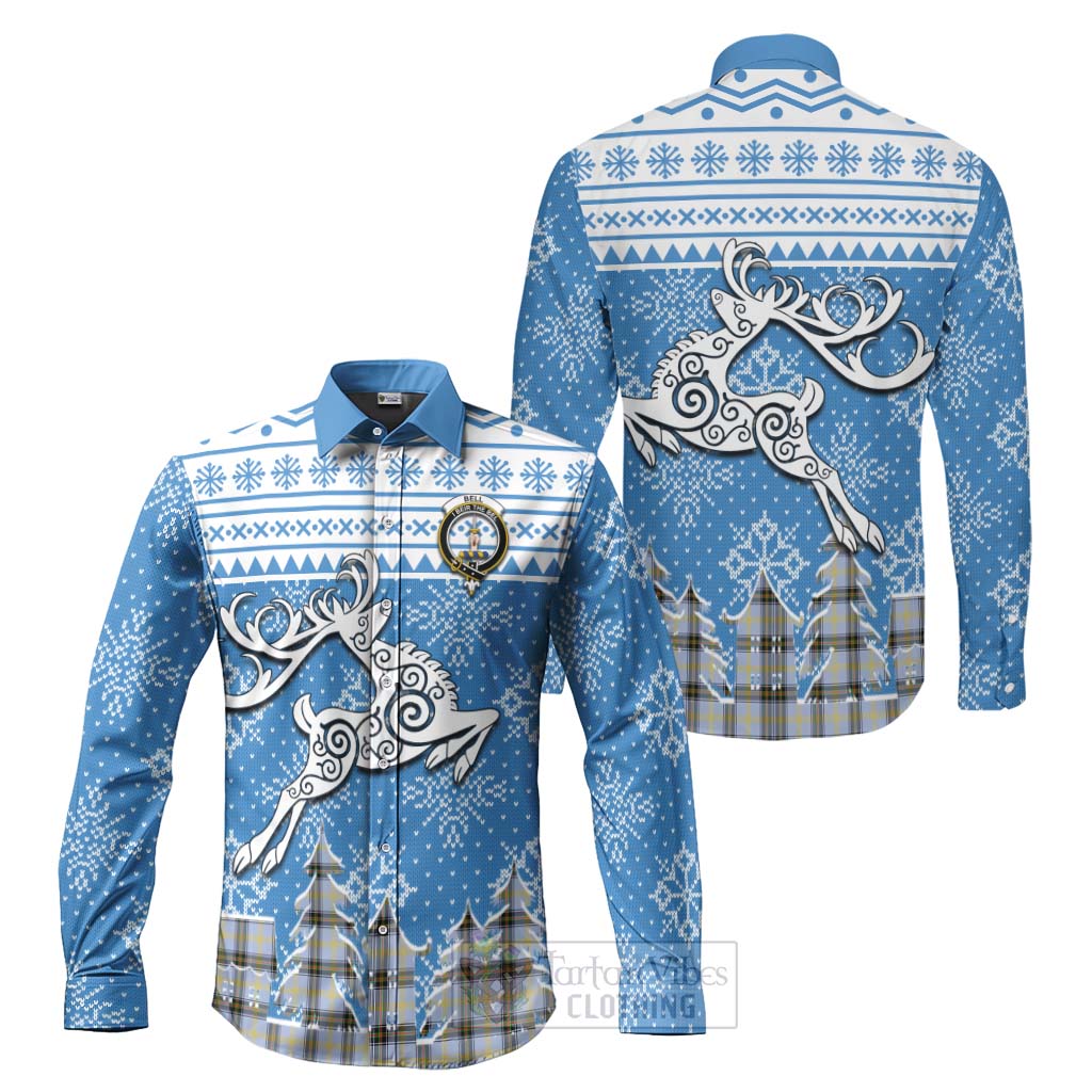 Tartan Vibes Clothing Bell Clan Christmas Long Sleeve Button Shirt Celtic Reindeer Style