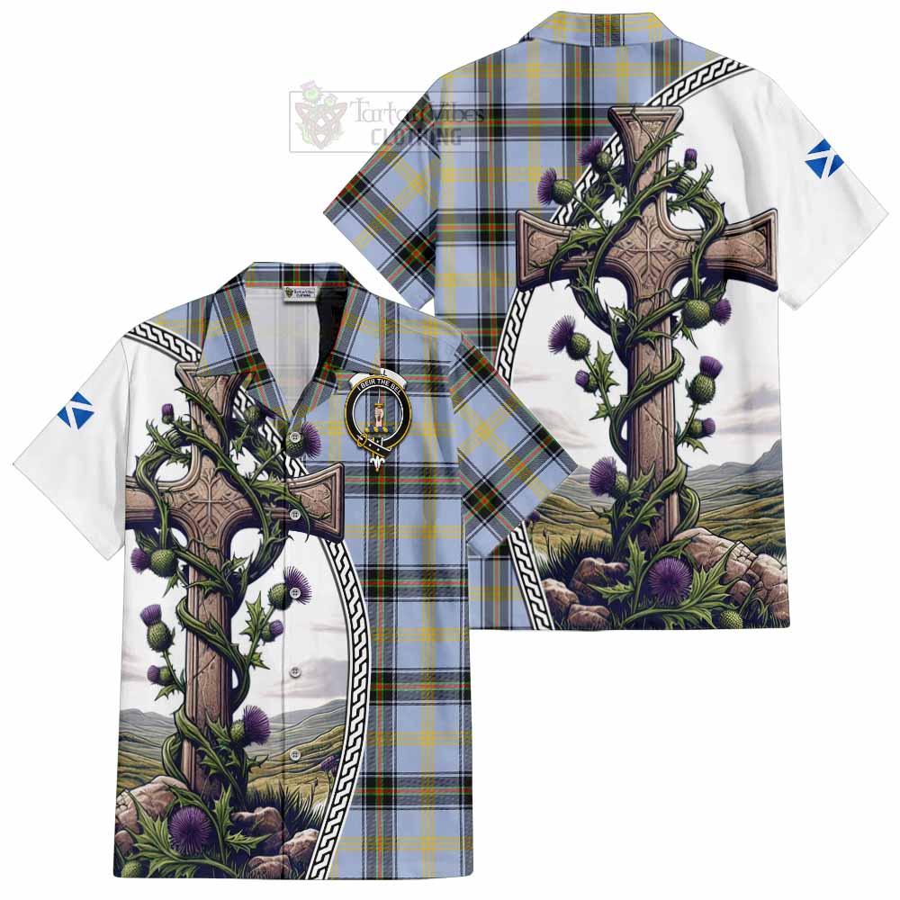 Tartan Vibes Clothing Bell Tartan Short Sleeve Button Shirt with Family Crest and St. Andrew's Cross Accented by Thistle Vines