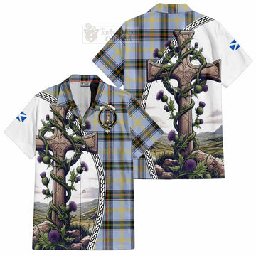 Bell Tartan Short Sleeve Button Shirt with Family Crest and St. Andrew's Cross Accented by Thistle Vines