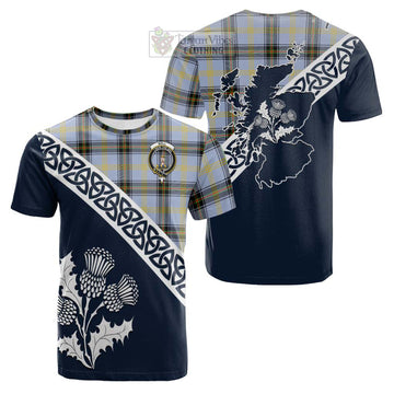 Bell Tartan Cotton T-shirt Featuring Thistle and Scotland Map