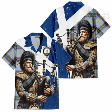 Bell Tartan Short Sleeve Button Shirt with Family Crest Scottish Bagpiper Vibes