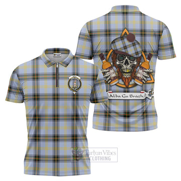 Bell Tartan Zipper Polo Shirt with Family Crest and Bearded Skull Holding Bottles of Whiskey