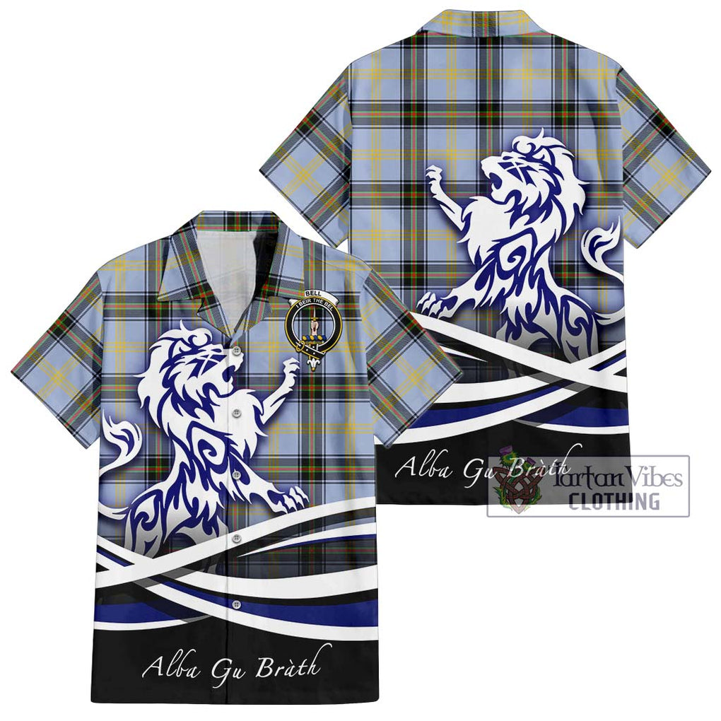 Bell Tartan Short Sleeve Button Shirt with Alba Gu Brath Regal Lion Emblem Kid - Tartanvibesclothing Shop