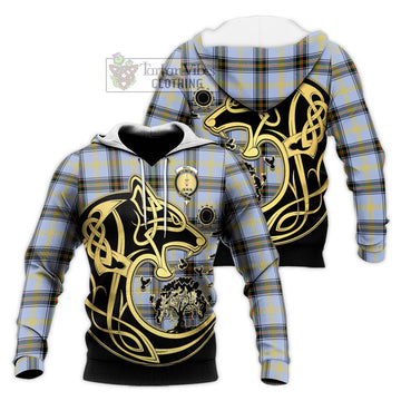 Bell Tartan Knitted Hoodie with Family Crest Celtic Wolf Style