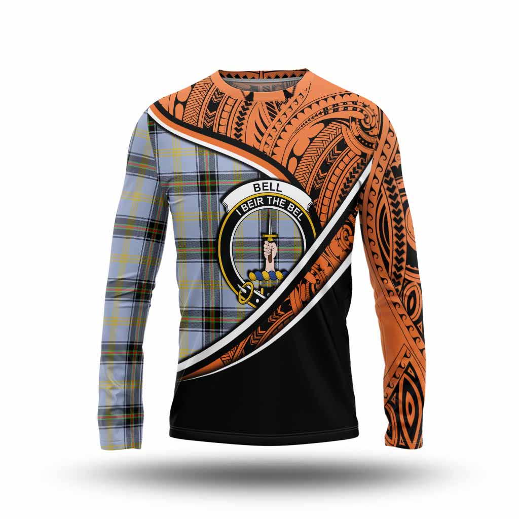 Tartan Vibes Clothing Bell Crest Tartan Long Sleeve T-Shirt with Maori Tattoo Style - Orange Version