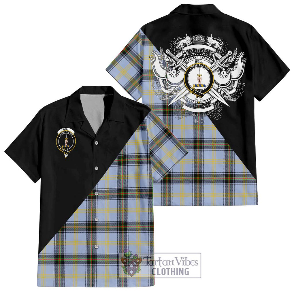 Bell Tartan Short Sleeve Button Shirt with Family Crest and Military Logo Style Kid - Tartanvibesclothing Shop