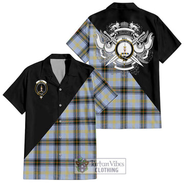 Bell Tartan Short Sleeve Button Shirt with Family Crest and Military Logo Style