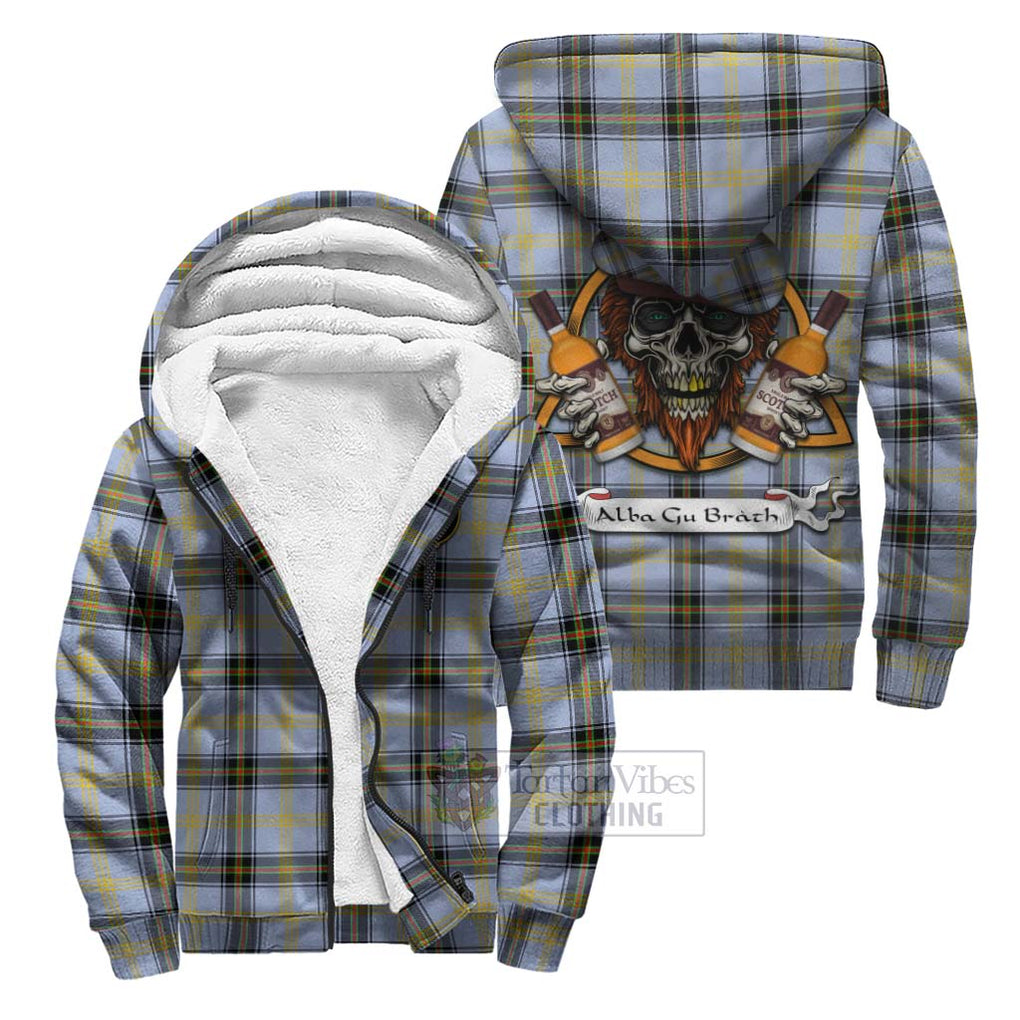 Tartan Vibes Clothing Bell Tartan Sherpa Hoodie with Family Crest and Bearded Skull Holding Bottles of Whiskey