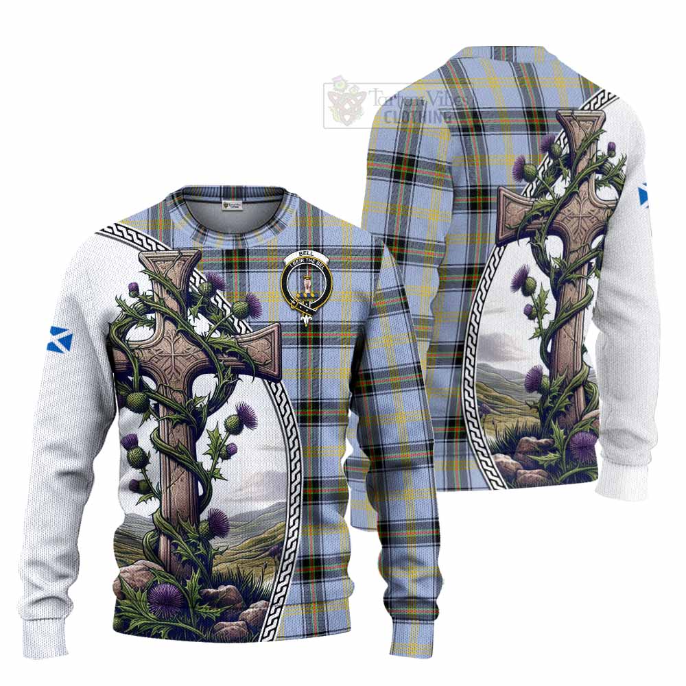 Bell Tartan Knitted Sweater with Family Crest and St. Andrew's Cross Accented by Thistle Vines Unisex - Tartan Vibes Clothing