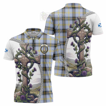 Bell Tartan Zipper Polo Shirt with Family Crest and St. Andrew's Cross Accented by Thistle Vines