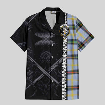 Bell Tartan Short Sleeve Button Shirt with Family Crest Cross Sword Thistle Celtic Vibes