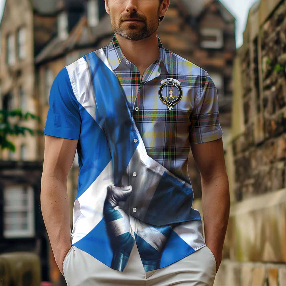 Tartan Vibes Clothing Bell Tartan Short Sleeve Button Shirt with Family Crest Scotland Patriotic Style