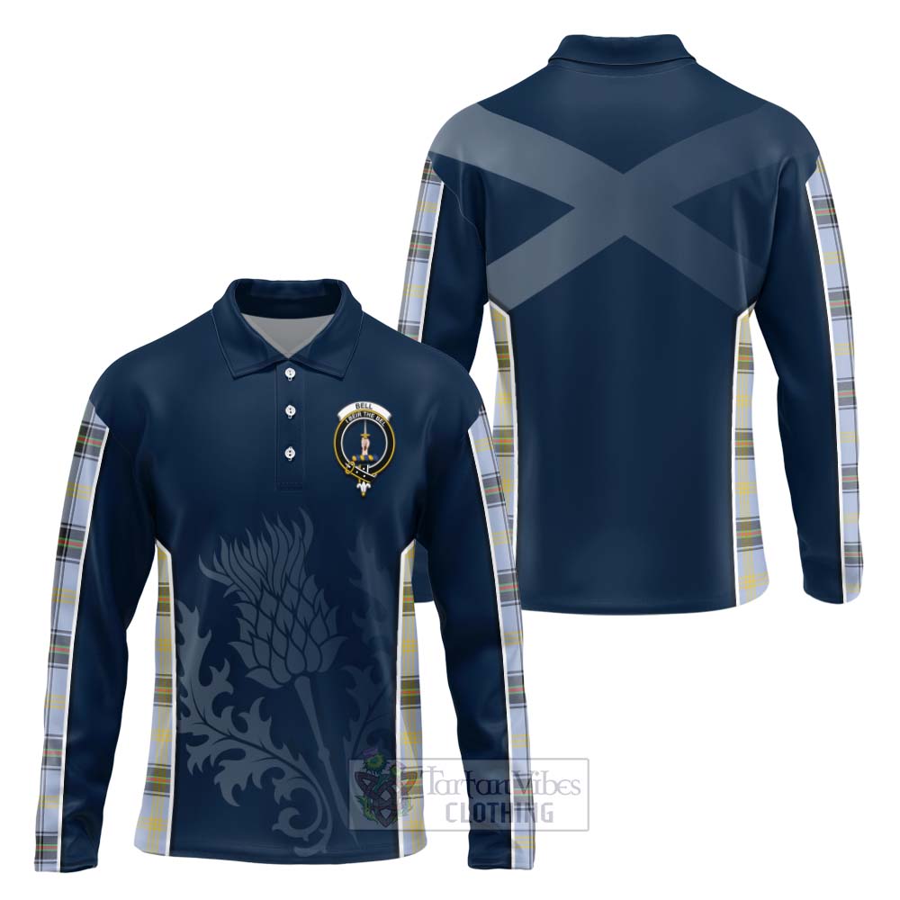 Tartan Vibes Clothing Bell Tartan Long Sleeve Polo Shirt with Family Crest and Scottish Thistle Vibes Sport Style