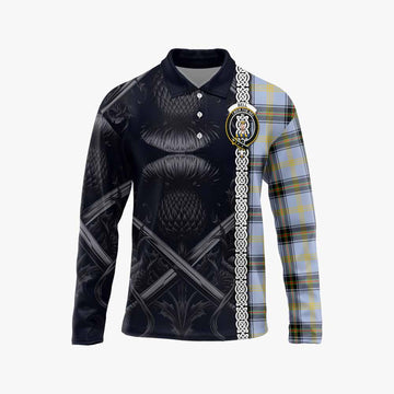 Bell Tartan Long Sleeve Polo Shirt with Family Crest Cross Sword Thistle Celtic Vibes