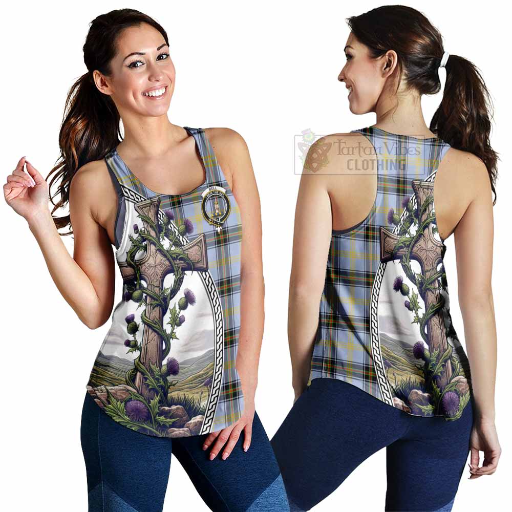 Tartan Vibes Clothing Bell Tartan Women's Racerback Tanks with Family Crest and St. Andrew's Cross Accented by Thistle Vines