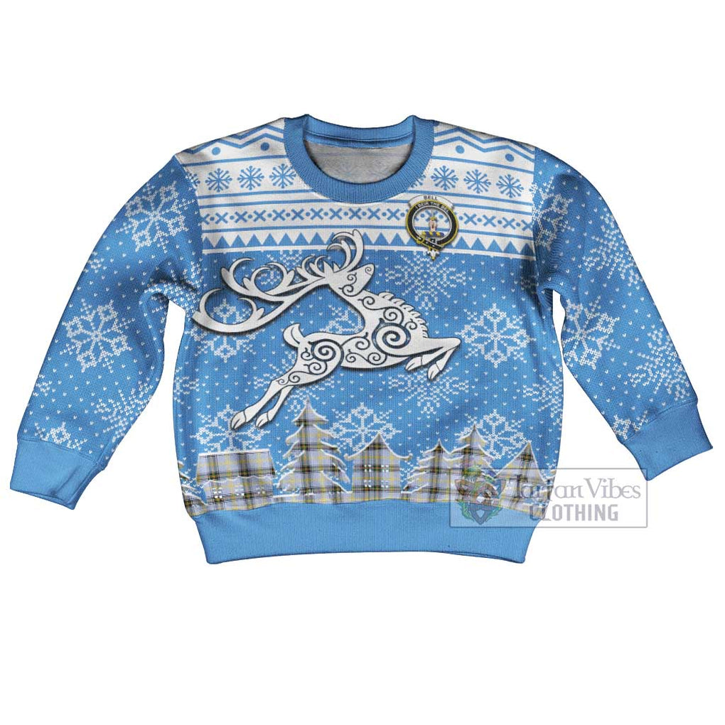 Tartan Vibes Clothing Bell Clan Christmas Kid Ugly Sweater with Tartan and Celtic Raindeer Style