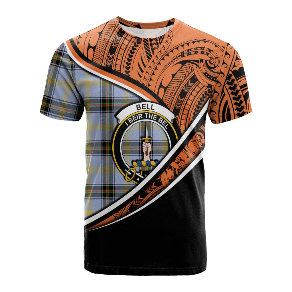 Tartan Vibes Clothing Bell Crest Tartan Cotton T-shirt with Maori Tattoo Style - Orange Version