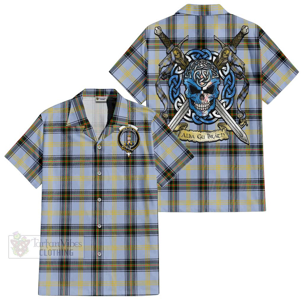 Tartan Vibes Clothing Bell Tartan Short Sleeve Button Shirt with Family Crest Celtic Skull Style