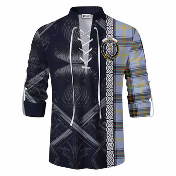 Bell Tartan Ghillie Kilt Shirt with Family Crest Cross Sword Thistle Celtic Vibes