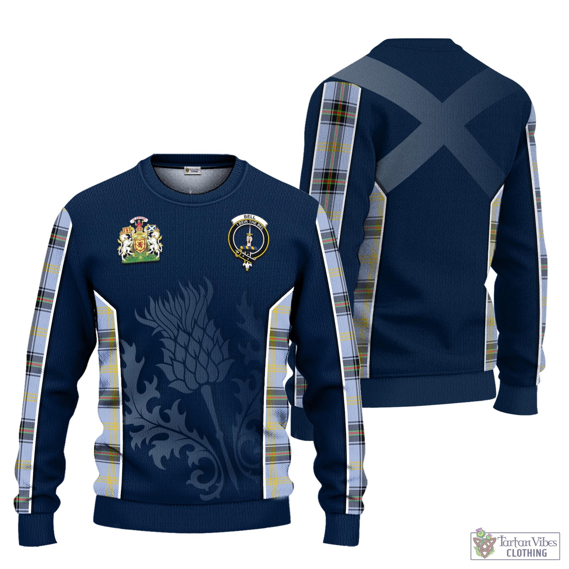 Tartan Vibes Clothing Bell Tartan Knitted Sweatshirt with Family Crest and Scottish Thistle Vibes Sport Style