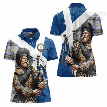 Bell Tartan Women's Polo Shirt with Family Crest Scottish Bagpiper Vibes