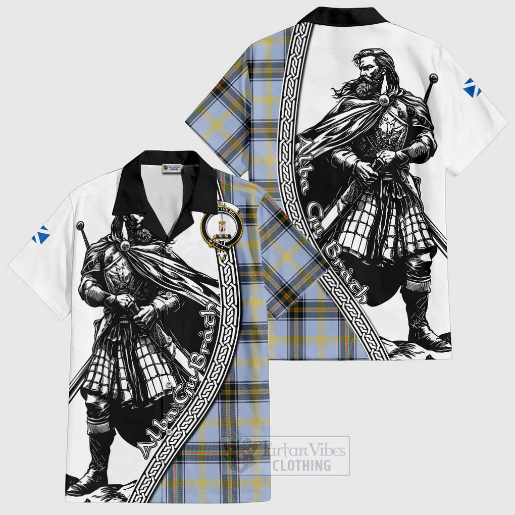 Tartan Vibes Clothing Bell Tartan Clan Crest Short Sleeve Button Shirt with Highlander Warrior Celtic Style