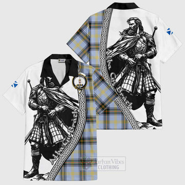 Bell Tartan Clan Crest Short Sleeve Button Shirt with Highlander Warrior Celtic Style