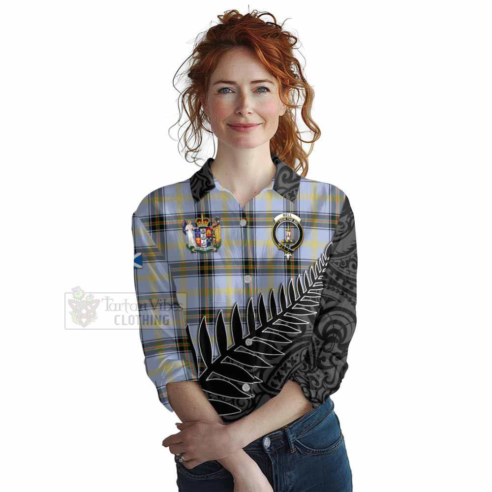 Tartan Vibes Clothing Bell Crest Tartan Women's Casual Shirt with New Zealand Silver Fern Half Style