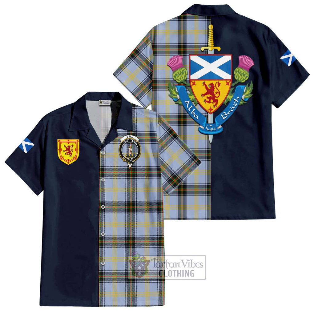 Tartan Vibes Clothing Bell Tartan Short Sleeve Button Shirt with Scottish Lion Royal Arm Half Style