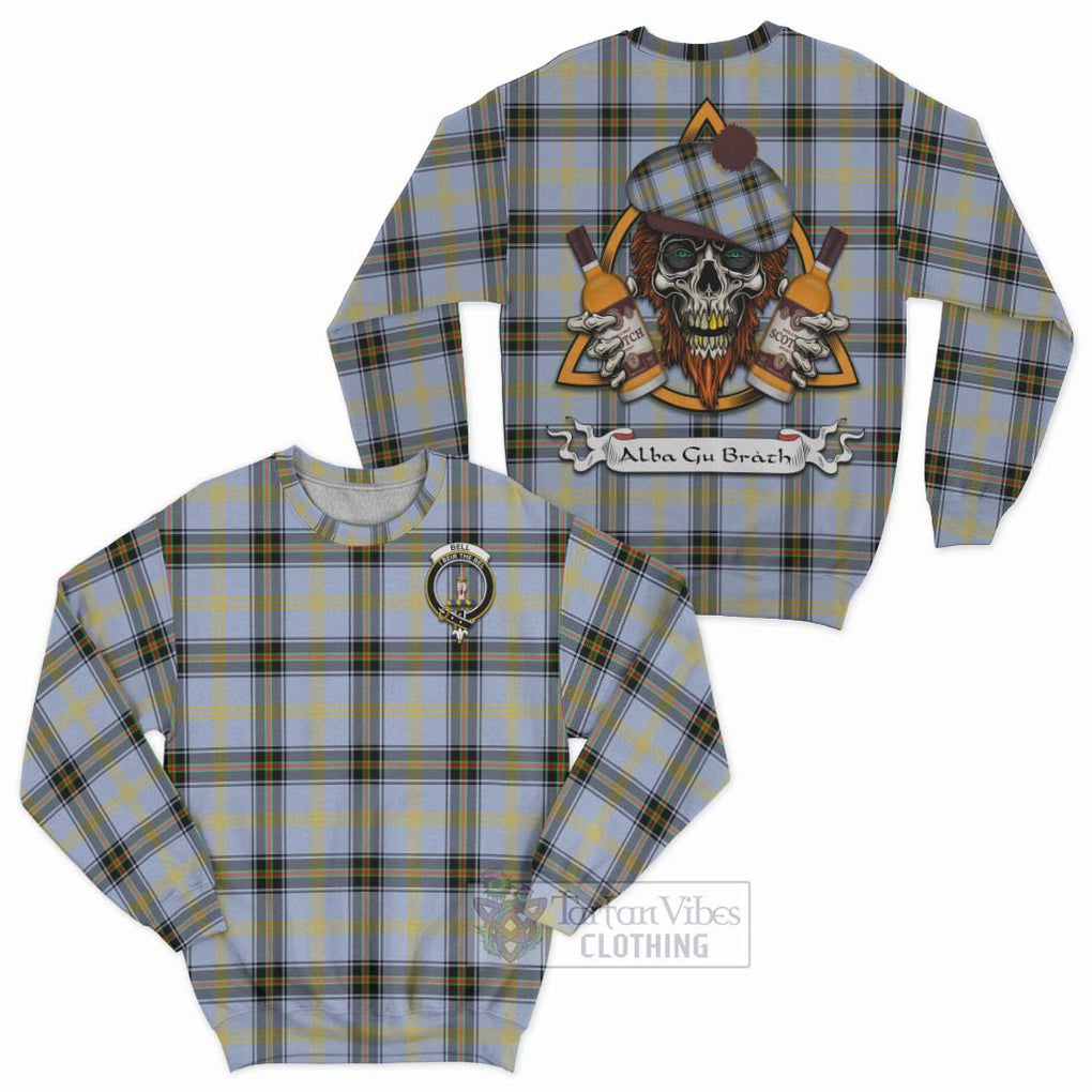 Tartan Vibes Clothing Bell Tartan Sweatshirt with Family Crest and Bearded Skull Holding Bottles of Whiskey