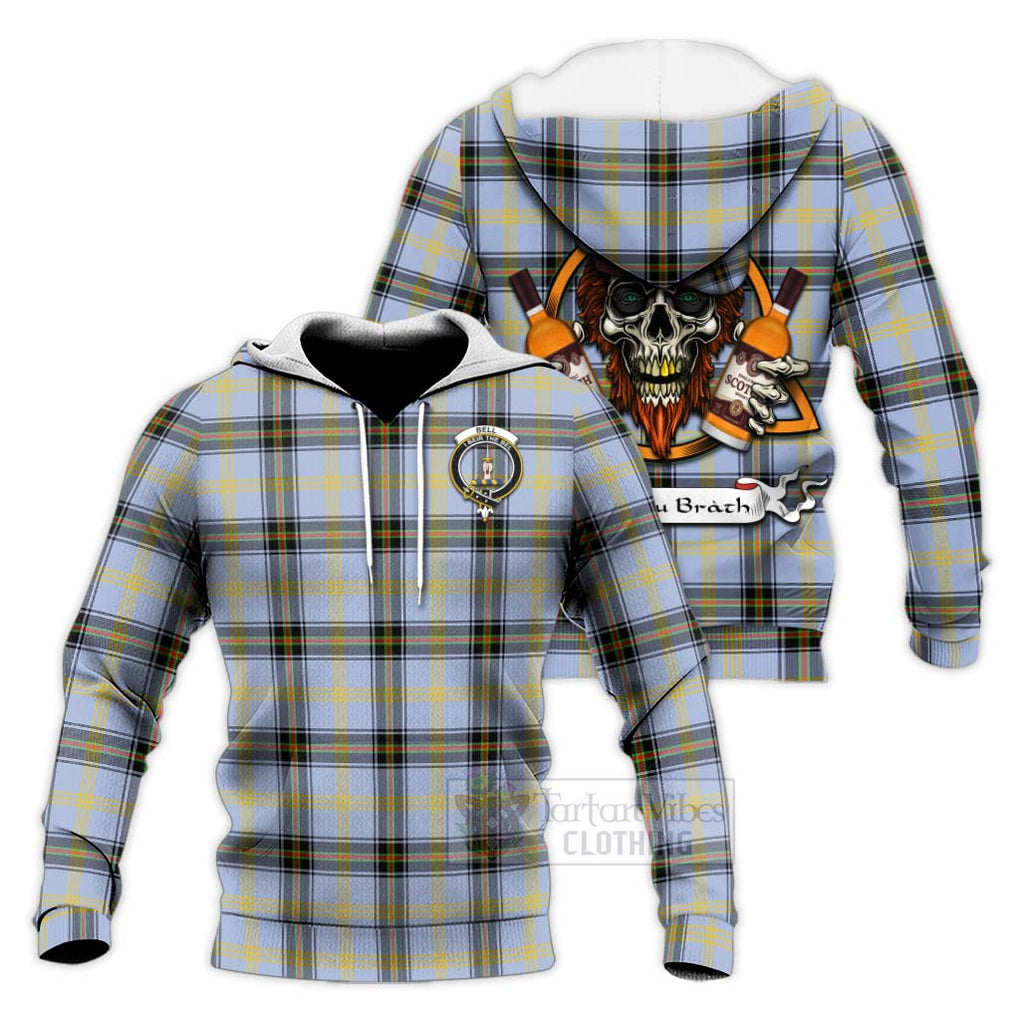 Tartan Vibes Clothing Bell Tartan Knitted Hoodie with Family Crest and Bearded Skull Holding Bottles of Whiskey