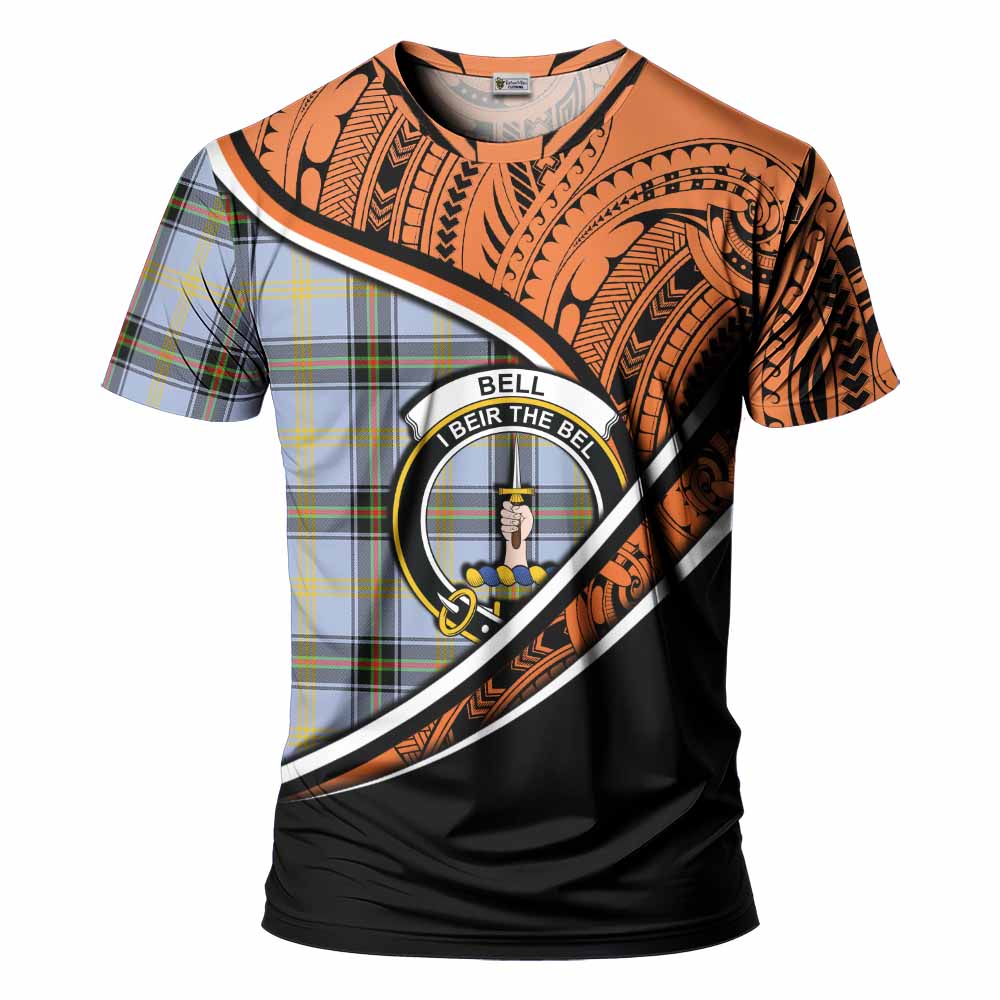 Tartan Vibes Clothing Bell Crest Tartan T-Shirt with Maori Tattoo Style - Orange Version