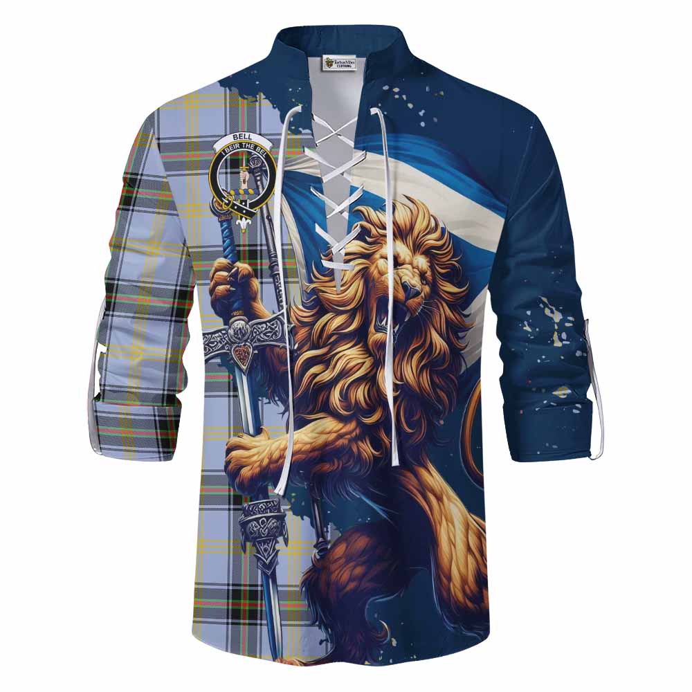 Tartan Vibes Clothing Bell Tartan Family Crest Ghillie Kilt Shirt with Scottish Majestic Lion