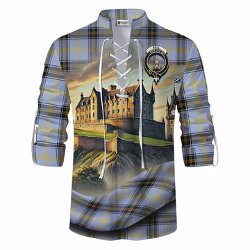 Bell Tartan Family Crest Ghillie Kilt Shirt with Scottish Ancient Castle Style Men - Tartan Vibes Clothing